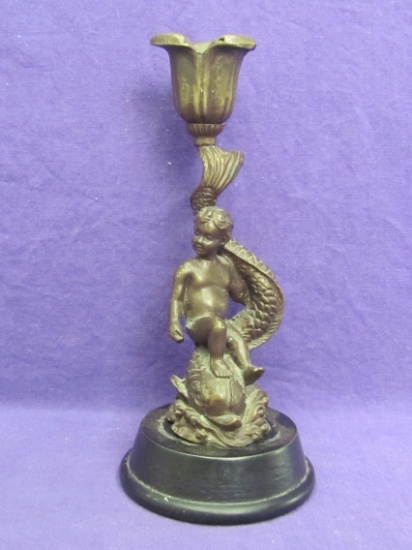 Single Candlestick – Child with Dolphin – Metal with Wood Base – 6 3/4” tall