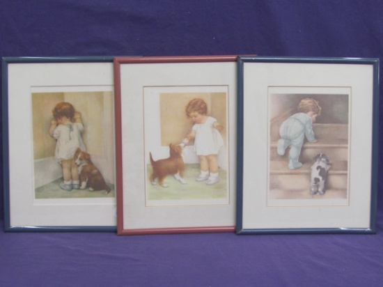 3 Framed Bessie Pease Gutmann Prints – Children w Puppies – Frames are about 10” x 8”