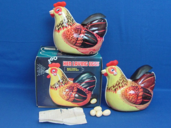 Battery-op Tin Litho Toy – Clucking Chicken by QSH – In Box – 6 3/4” long plus extra