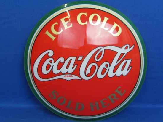 Round Convex Plastic Sign “Ice Cold Coca-Cola Sold Here” - 13 1/4” in diameter