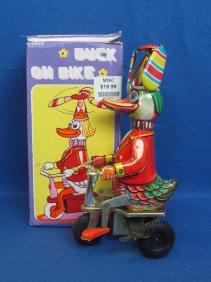 Duck on a Bike – Tin Litho Wind-Up Toy – 8” tall – In Original Box – Made in China