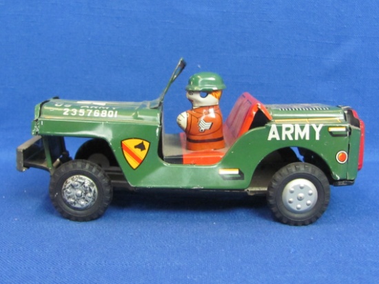 Tin Friction Car – US Army Jeep – Yone – Made in Japan – 6 1/4” long – Works