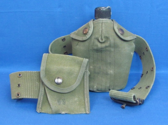 US Military Water Canteen w Canvas Belt & Holder – Extra Pouch had Bandages in it