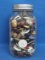 Glass Jar Full of buttons – Jar is 6 1/2” tall & has Textured Sides – Various types of buttons
