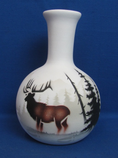 White Pottery Vase w Forest Scene – Eagle & Elk – Signed on base – 7 1/2” tall