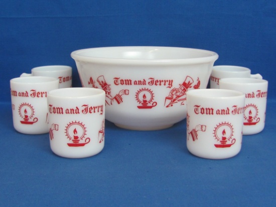 Vintage Hazel-Atlas Glass “Tom & Jerry” Set – 9” diameter Bowl & 6 Cups