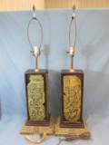 Pair of Vintage Mayan? Themed Table Lamps – Wood w/ Terrazo? Panels/base – Quite heavy pieces – Both