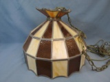 Hanging Stained Glass Lamp – Textured Amber Glass & Milky/Amber Slag Glass Panels – Tested/Working -