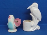 2 Vintage Pottery Bird Planters – White one is 8 1/8” tall – Other is pink & blue