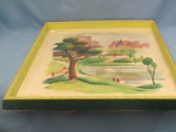 Scenic City Park & Buildings Water Color Painting Picture #1899 – Wood Frame – Signed Artist Harris