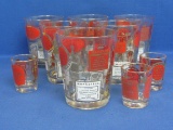Set of 6 Highball Glasses & 3 Shot Glasses – Red & Gold Paint w Drink Recipes