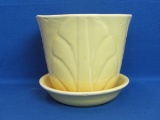 Yellow Pottery Planter – Marked “320 USA” - Attached Saucer – 5 3/4” tall – Leaf Design