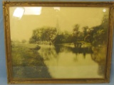Vintage Framed Picture of Church near a Small River – Cambridge??-- 28 1/2x 23 1/2” Framed