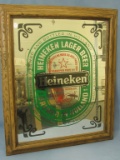 Heiniken Lager Holland Brewed Beer  Framed Bar Mirror – Glass – Printed Design 24x 19 1/2” Framed