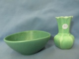 Vintage Pottery w/ Green Glaze – 4 1/2” T Vase & Royal Haeger USA RG37 Bowl 5 3/4” Triangle
