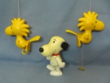 Vintage Plastic Snoopy 6 1/2” T Figure & 2 Woodstock Pull Action Chirping/Flapping Figures