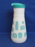 Milk Glass Dispenser/Jar/Pitcher w Blue Design – 9” tall – Plastic lid reads “E-Z-Por Patented”