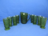 Vintage Stacked Cube Pattern Avocado Green Glass Pitcher & 8 Footed Ice Tea/Lemonade Glasses