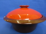 Frankoma 6 VS Covered Casserole Dish with Flame Lid & Brown Bowl 9 3/8” DIA X 5” T w/ Lid on