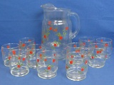 Glass Pitcher & !0 Glasses – By Anchor Hocking in Red Roses Pattern – Glasses are 3 1/4” tall