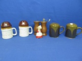 Asst. Salt & Pepper Shakers: 2 Sets Pottery, 1 Wood w/ Mill, 1 Lefton X-Mas Figurine