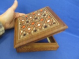 Vintage 6 1/2” Square Carved Wooden Trinket Box w/Inset Bone Design on Lid – India