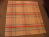 Vintage Linen Table Cloth 46 1/2” x 49 1/4” – Blue Red Yellow Green & White Criss-Cross Pattern