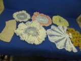 Crocheted Fancy Work 8 Pieces & One Vintage Pot Holder Shaped Like a Shirt