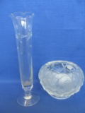 2 Vintage Glass Vases: Cut Pattern Bud Vase 8” T & Frosted Glass Bowl 3 1/2”T x 4” DIA