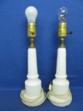 Pair of Vintage  Hobnail Milk Glass Boudoir Lamps – Glass Bases – Electric – 13” Tall Each x 3 3/4”B