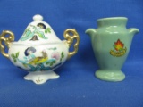 2 Vintage Small Porcelain & Pottery Vessels: Japan Sugar Bowl w/ Phoenix & Winnipeg Vase- Both Appx