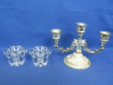 Pair of Crystal Candle Holders 3” DIA x 1 1/2” Tall & Silver Plated Candelabra 5” T x 7 1/” W Assemb