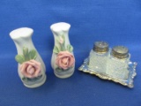 2 Sets of S&P Shakers: Roses (porcelain) & Silver Plated/Glass on a tray
