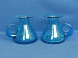 2 Blown Glass Candle Holders? Finger Grip – Pretty Blue Color – 3 1/2” tall