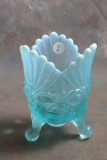 Opalescent Mosser Glass 3 Legged Vase Eye Winker Blue 6