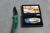 2 Collectible Folding Knives 1 with Deer Hunting Scene in Case