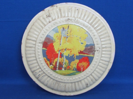 Vintage Metal, Tin? Flue Cover – Colorful Forest Image – 8” in diameter