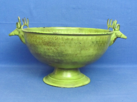 Decorative Metal Bowl – 2 Deer Heads for Handles – Green – About 10 1/4” in diameter