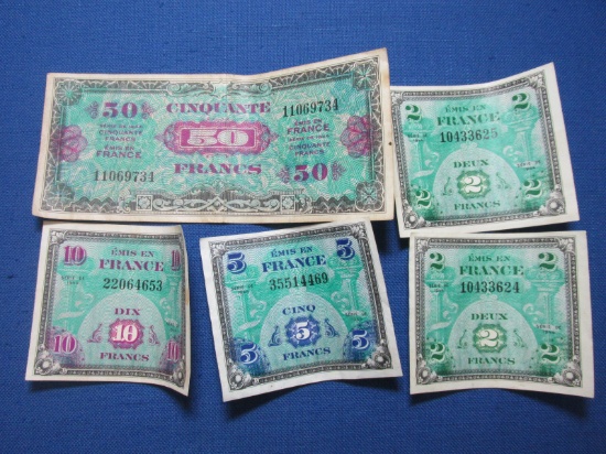 5 1944 Series French Banknotes – 2 Deux(2) Francs, 1 Cinq(5) Francs, 1 Dix(10) Francs, 1 Cinquante(5