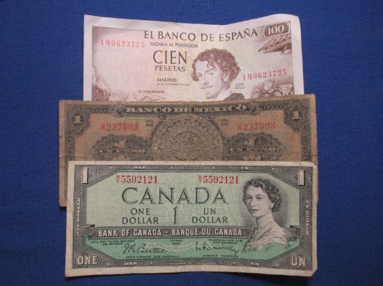 3 Foreign Banknotes – 1954 Bank of Canada $1, 1965 El Banco de Espana Cien(100) Pesetas, 1948 Banco