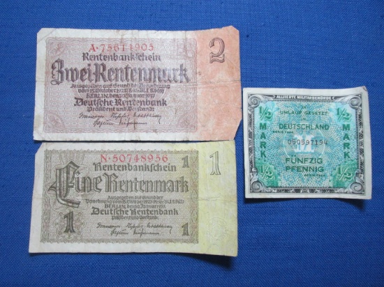 3 Germany Banknote – 1937 Eine(1) Rentenmark, 1937 Zwei(2) Rentenmark, 1944 ½ Mark – As shown