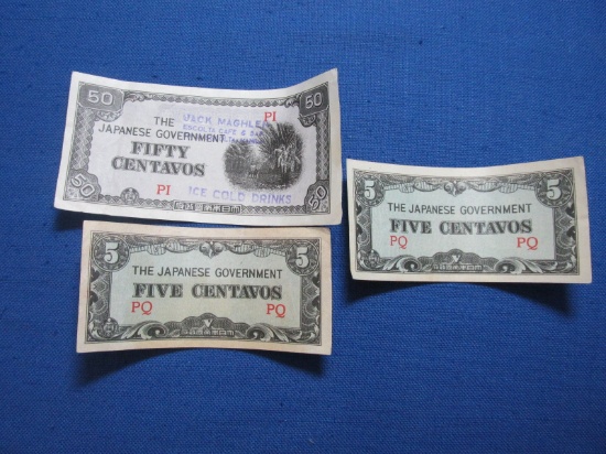 3 Japanese Banknotes – 2 Five Centavos, 1 Fifty Centavos – 1 Stamped Escolta Cafe & Bar Manila – As