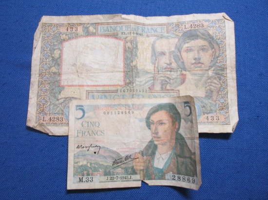 2 French Banknotes – 1941 Vingt(20) Francs – 1943 Cinq(5) Francs – Banque De France – As shown