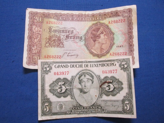 2 Luxembourg Banknotes – 1943 Zwanzeg(20) Frang - 1944 Grand Duche De Luxembourg 5 Cinq Francs – As