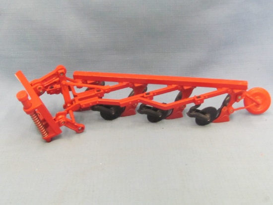 Red Toy 4 Bottom Plow – 1:16 Scale – China – Metal Frame – Plastic Blades & Coulter Disks