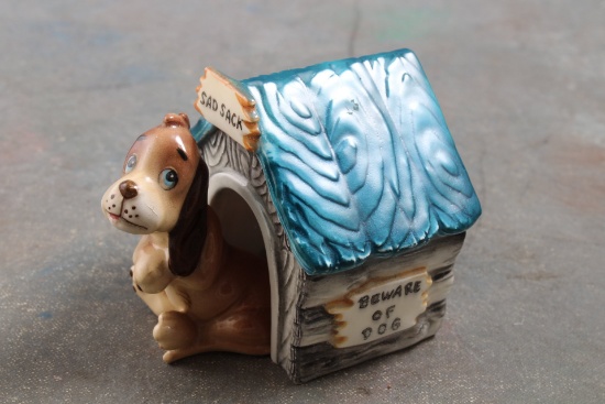 Vintage Sad Sack (2) Piece Ceramic Dog & Dog House Made in Japan - House is 3" tall