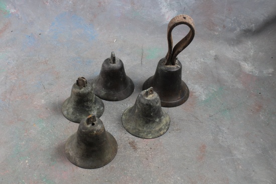 4 Antique Brass Bells - 1 has old leather strap - Bells about 3" tall