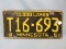 1951 Minnesota License Plate – Yellow lettering on Black background - “T16693” - 11 7/8”L x 6”T – As