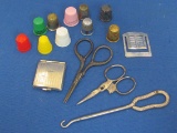 Lot: Thimbles – Button Hook – Small Scissors – Bookmark – Small Silvertone Compact