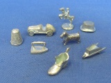 8 Metal Monopoly Pieces: Hat, Thimble, Boot, Wheelbarrow, Dog, Horse & Rider, Iron & Car